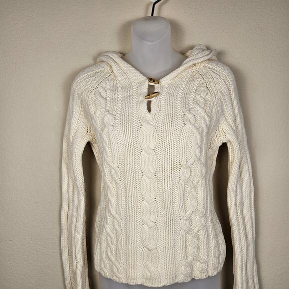 Vintage Y2K Cable Knit Sweater Womens Lambs Wool Hood Wood Toggle Button Cream M - Picture 1 of 15